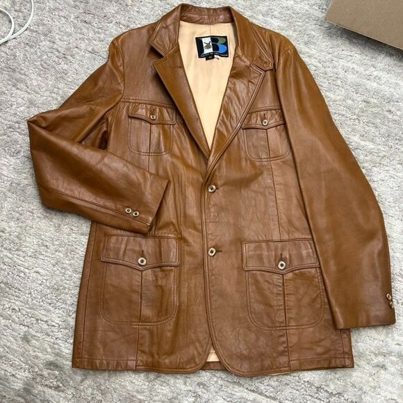Vintage Breier of Amsterdam Camel Brown Leather Two Button Blazer Coat Mens XL - Picture 5 of 16